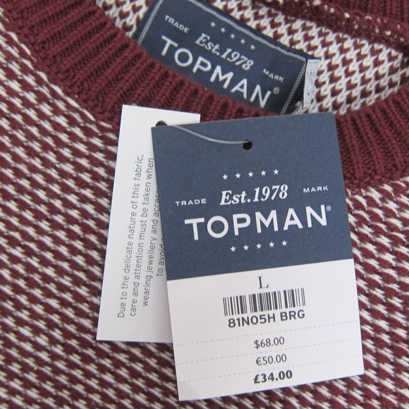NEW $68 Topman by Topshop Textured Crew Neck Sweater in Maroon - Picture 2 of 2